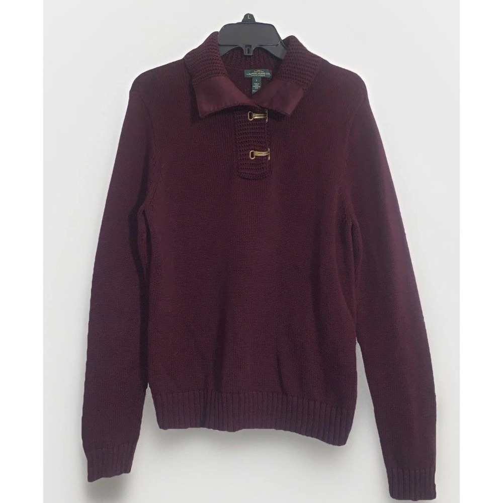 VTG Lauren Jeans Ralph Lauren Women's L Ribbed Sweater Shawl Collar Burgundy